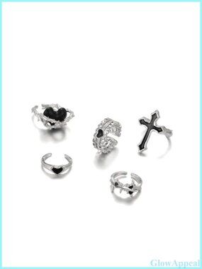 5Pc Silver Plated Goth Statement Stackable Ring Set Adjustable